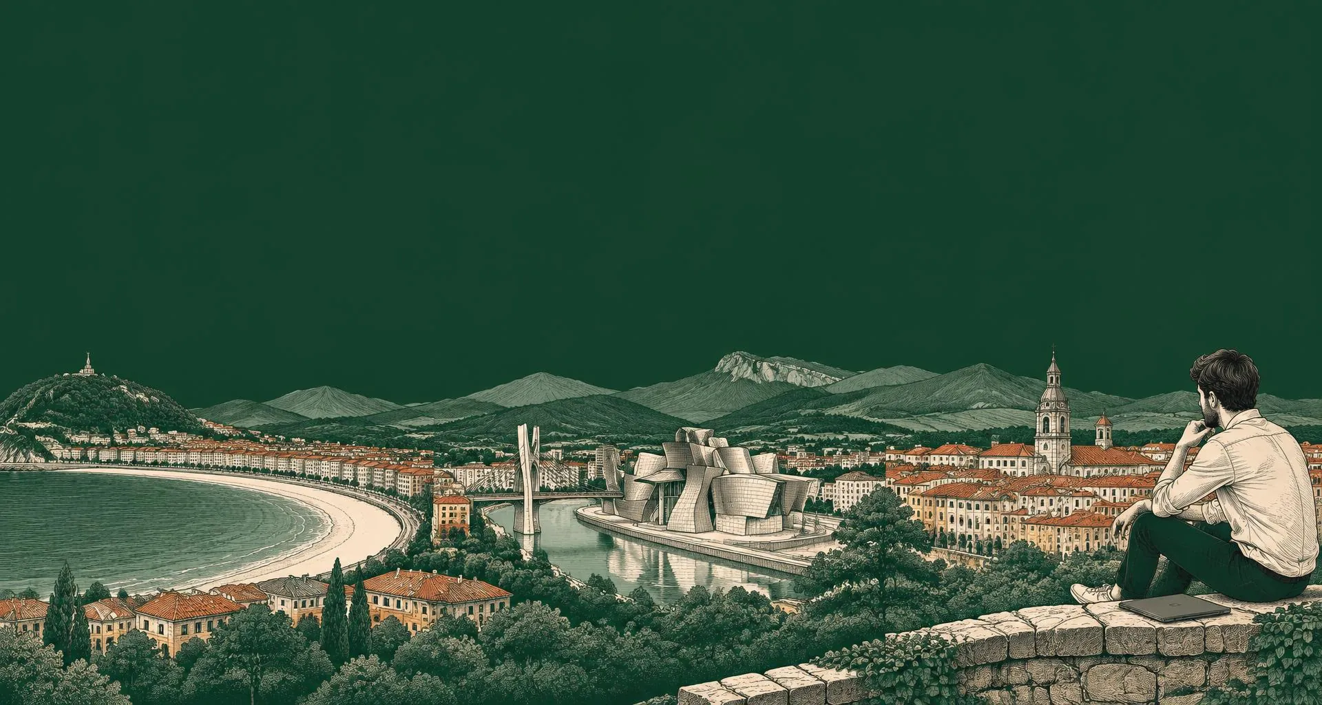 A thinking man with a laptop overlooks an imagined Basque landscape, with La Concha, Bilbao’s Guggenheim and Vitoria-Gasteiz’s old town.